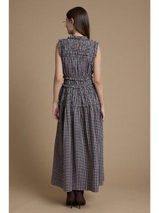 Adriana Ruffle Trim Smocked Plaid Maxi Dress - Dark Brown