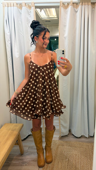 Chiffon Polka Dot Tiered Mini Dress//Brown-Off White-Needii