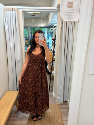 Printed Chiffon Maxi Dress-Brown Multi//Needii