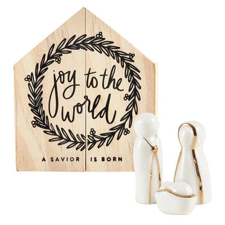 Joy To The World Ceramic Figurines Pine Wood Box - Holy Family