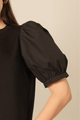 Maya Butter Modal Round Neck Puff Sleeve Top - Black