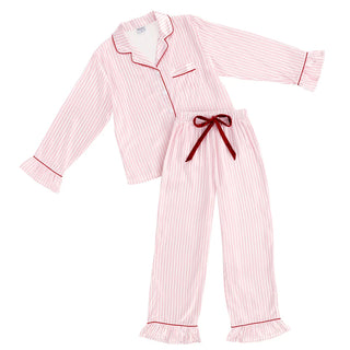 Satin Long Sleeve PJ Set - Pink Stripe w/ Velvet Tie