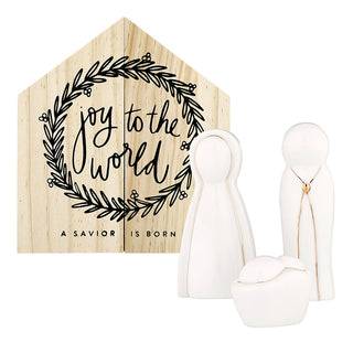 Joy To The World Ceramic Figurines Pine Wood Box - Holy Family