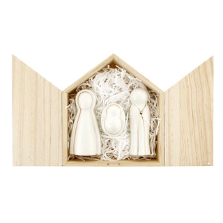 Joy To The World Ceramic Figurines Pine Wood Box - Holy Family