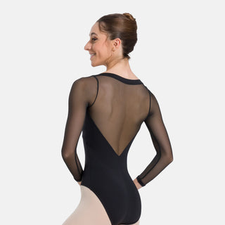 SL129 Paola 3/4 Sleeve Mesh Leotard - Black