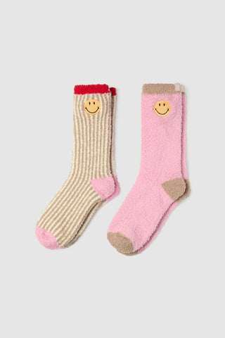 CozyChic Smiley Ribbed Sock Set of 2 - Feather Multi // Barefoot Dreams