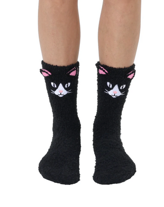 Fuzzy Black Cat Crew Socks