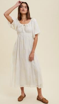 Oana Floral Embroidered Puff Sleeve Midi Dress- Ivory