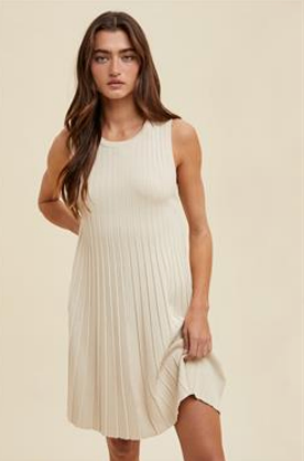 Esmerelda Pleated Flare Mini Sweater Dress- Champagne