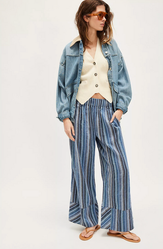 Free People Day's End Linen Stripe Pants - Indigo Combo