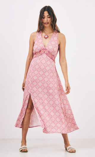 Aron Long Embroidered Printed Dress- Pink