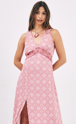 Aron Long Embroidered Printed Dress- Pink