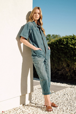 Charlotte Denim Short Sleeves Collared Jumpsuit