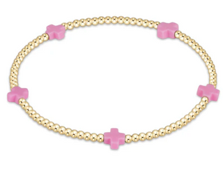 Signature Cross Small Gold Pattern 2mm Bead Bracelet- Bright Pink / Enewton
