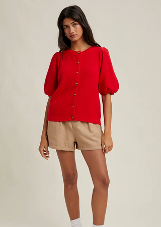 Rosalie Puff Sleeve Button-Up Sweater Cardigan / Cherry