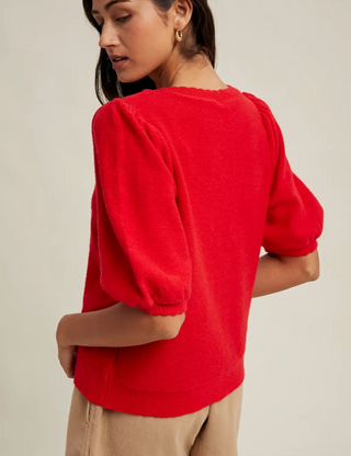 Rosalie Puff Sleeve Button-Up Sweater Cardigan / Cherry