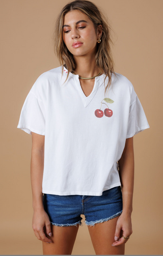 Cherries Split Neck Tee / White