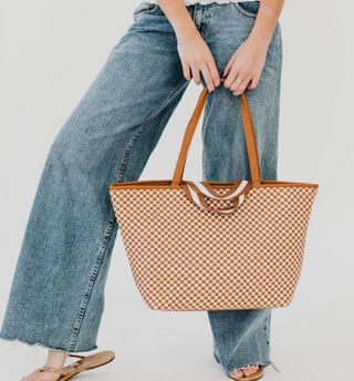 Woven Tiffany Organizer Tote Bag / Checkered Brown