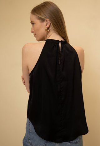 Sharon Silky Satin High Neck Halter Top- Black
