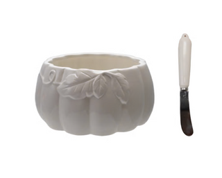 Pumpkin Ceramic Bowl w/ Stainless Steel Knife