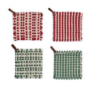 Holiday Cotton Crocheted Pot Holder w/ Leather Loop
