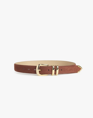 The Suede Jordan Belt - Tan/Polished Gold // Favorite Daughter