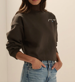 The Cropped Signature Sweatshirt-Espresso/Sea Blue// Favorite Daughter