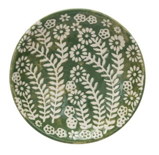 5" Round Stoneware Plate w/ Wax Relief Botanicals