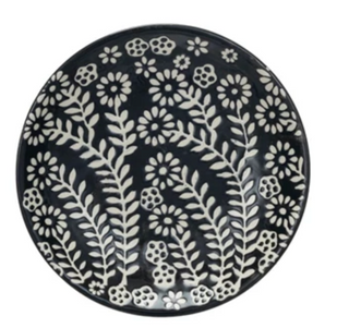 5" Round Stoneware Plate w/ Wax Relief Botanicals