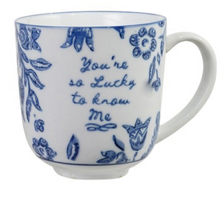 Blue & White Stoneware Mug w/ Saying