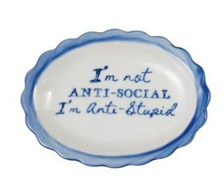 Blue & White Scalloped Edge Stoneware Dish w/ Saying