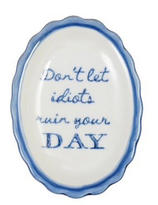 Blue & White Scalloped Edge Stoneware Dish w/ Saying