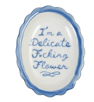 Blue & White Scalloped Edge Stoneware Dish w/ Saying
