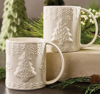 Tree & Snowflake Cream Embossed Mug