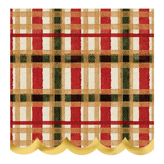 Scalloped Cocktail Napkins - Beige Plaid