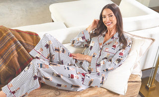 Full-Length PJ Set with Velvet Tie - Navy Stripes + Bears