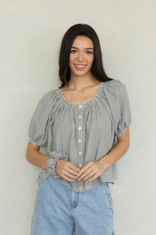 Maddy Striped Puff Sleeve Blouse - Black
