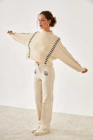 Goethi Ivory Contrast Ribbed Sweater