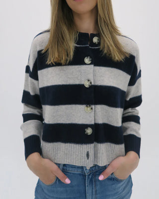 Nina Striped Crew Neck Cardigan - Navy & Heather Grey // Archer Cashmere