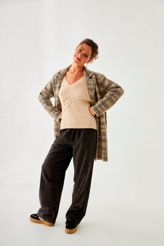 Zamina Plaid Knitted Coat with Lapels / Beige