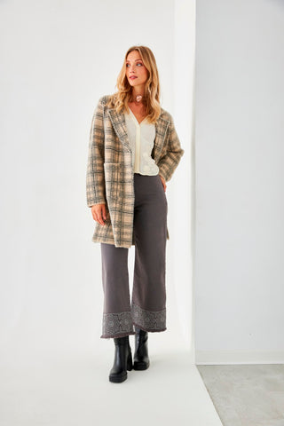 Zamina Plaid Knitted Coat with Lapels / Beige