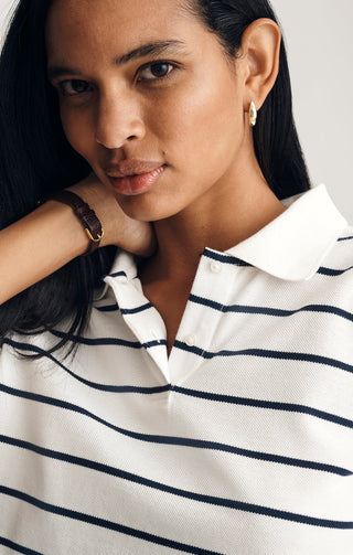 Mavi Women's Cropped Polo T-Shirt / Black Irish Stripe