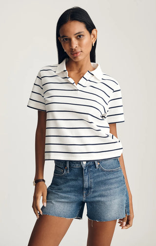 Mavi Women's Cropped Polo T-Shirt / Black Irish Stripe
