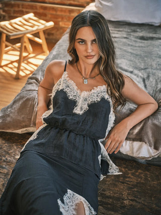 Romantic Lace Crinkle Satin Cami - Navy