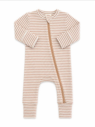 Tan Stripe Ribbed 2-Way Zip Romper
