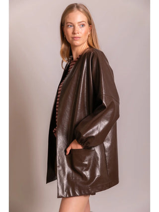 Faux Leather Billowy Sleeve Jacket - Chocolate