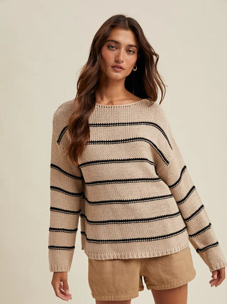 Cammie Striped Crochet Drop Shoulder Sweater / Stone & Black