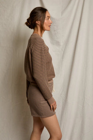 Bennie French Terry Sweat-short w/ Drawcord - Mocha/Charcoal Stripe // Perfect White Tee
