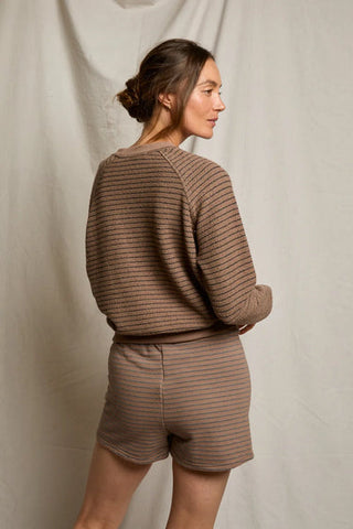 Bennie French Terry Sweat-short w/ Drawcord - Mocha/Charcoal Stripe // Perfect White Tee