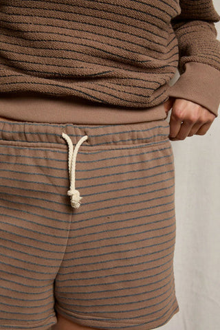 Bennie French Terry Sweat-short w/ Drawcord - Mocha/Charcoal Stripe // Perfect White Tee